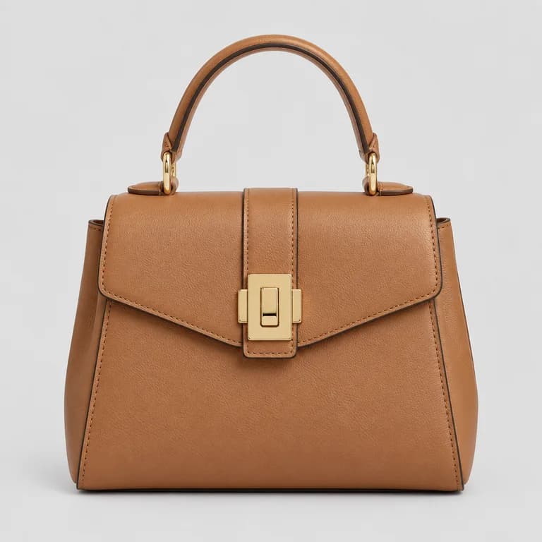 Product photo: tan leather top-handle bag with a gold clasp