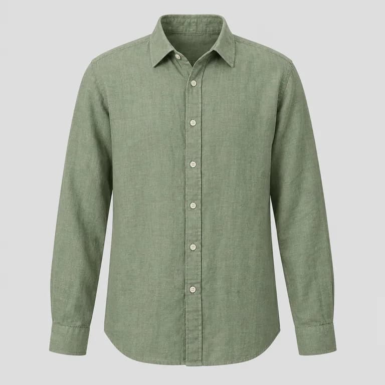 Product photo: sage-green long-sleeve linen shirt on a plain light background