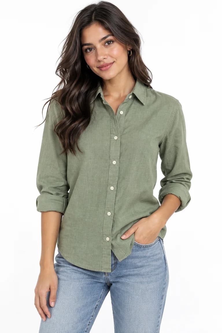 Dress Model result: AI model wearing the sage-green linen shirt with the sleeves rolled up and jeans, on a white background
