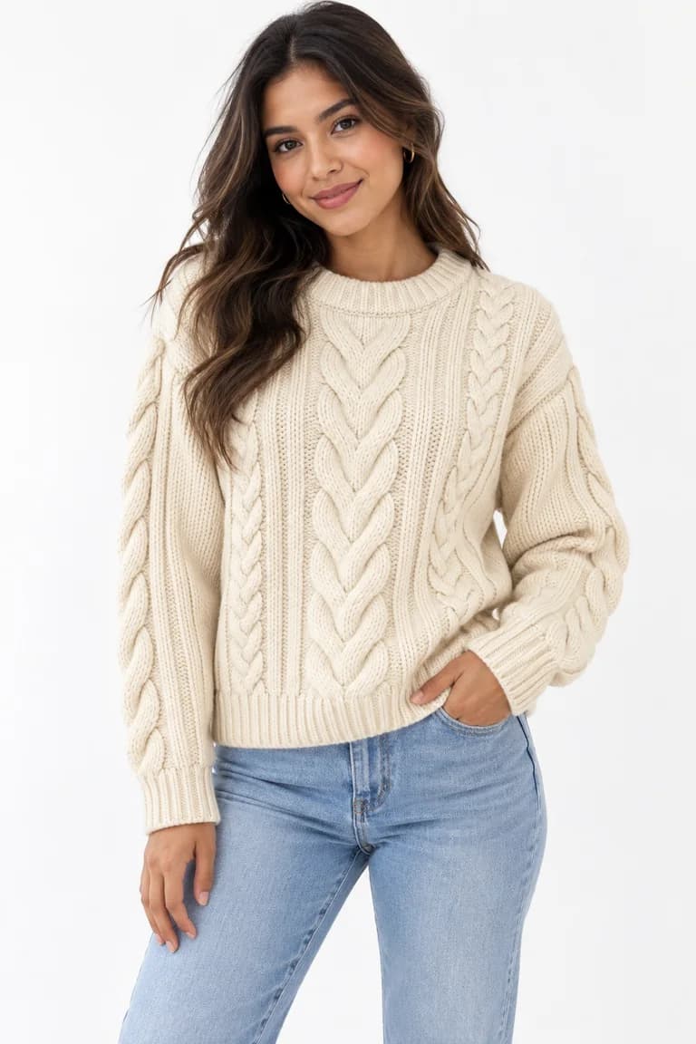 Dress Model result: AI model wearing the cream cable-knit sweater with jeans, on a white background