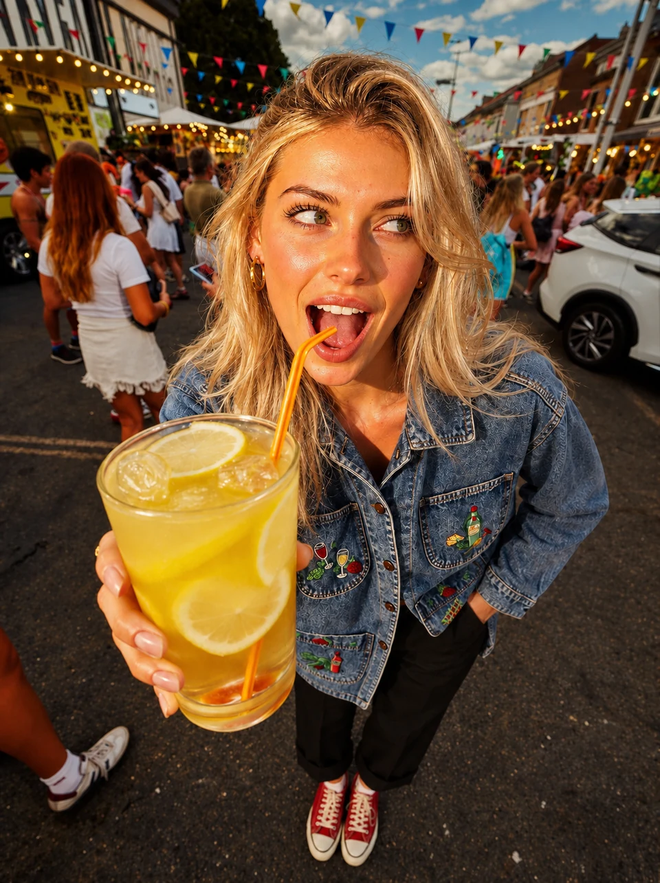Model in an embroidered denim jacket holding a glass of lemonade at a street fair