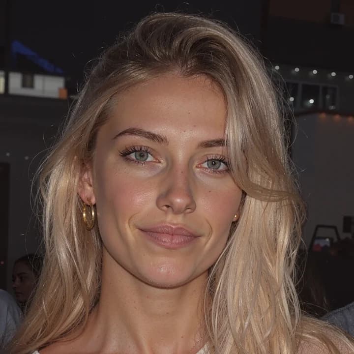 Close-up portrait of the reference model: a woman with long blonde hair and gold hoop earrings