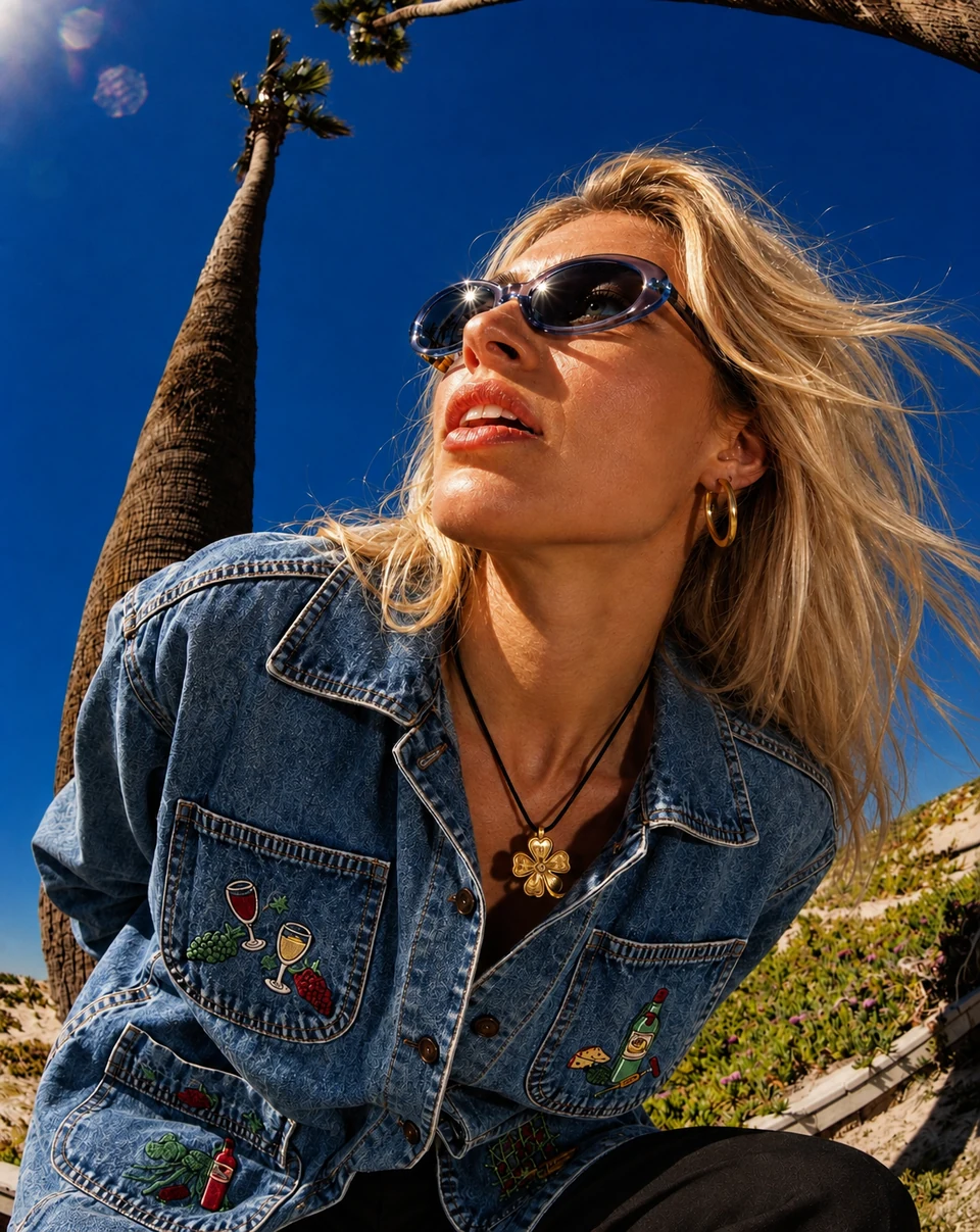 Model in an embroidered denim jacket and sunglasses under a palm tree on a sunny day