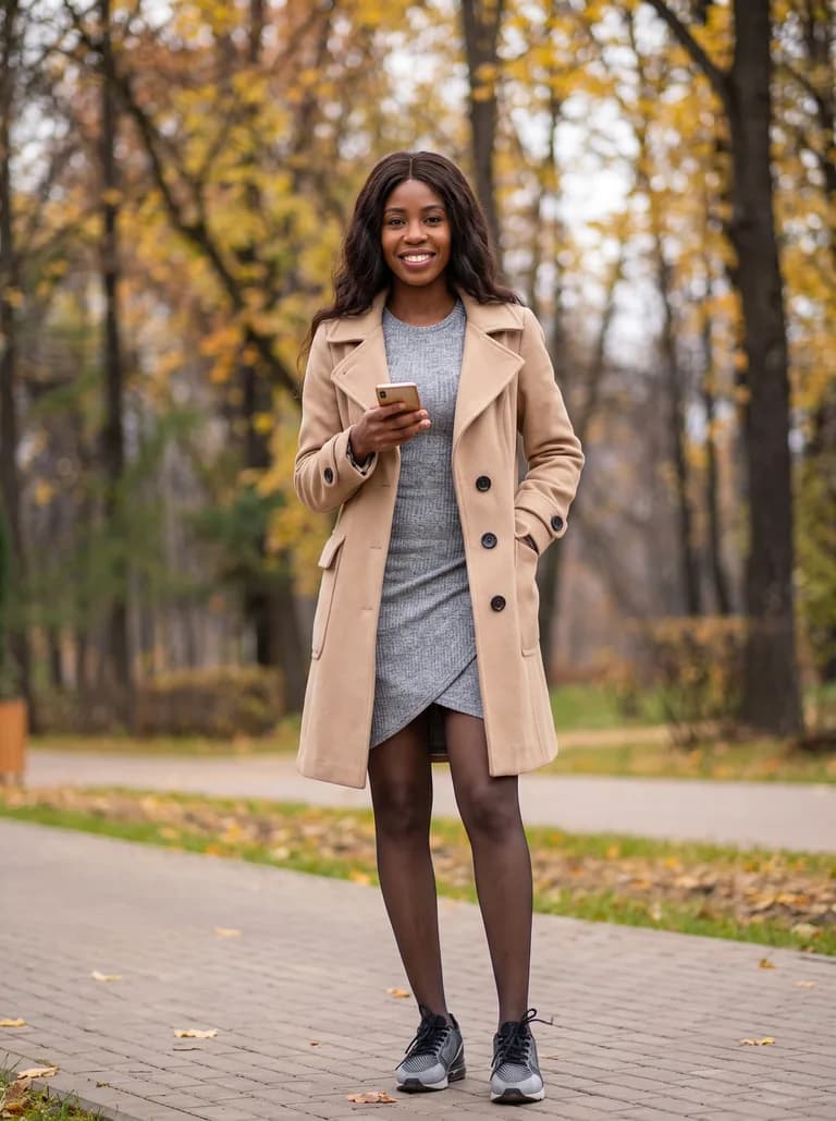 Dress Model AI photo: woman in a camel coat over a grey knit dress in an autumn park