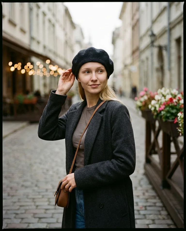 InstaShoot AI photo: woman in a black beret and long coat on a cobbled street