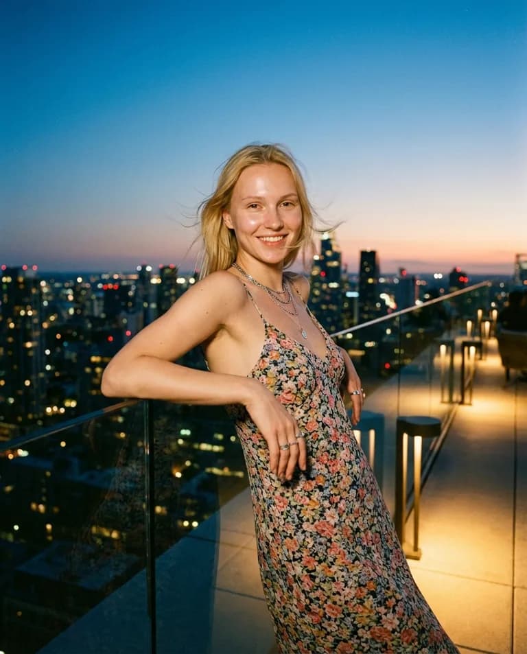 InstaShoot AI photo: woman in a floral slip dress leaning on a rooftop railing above a city at dusk