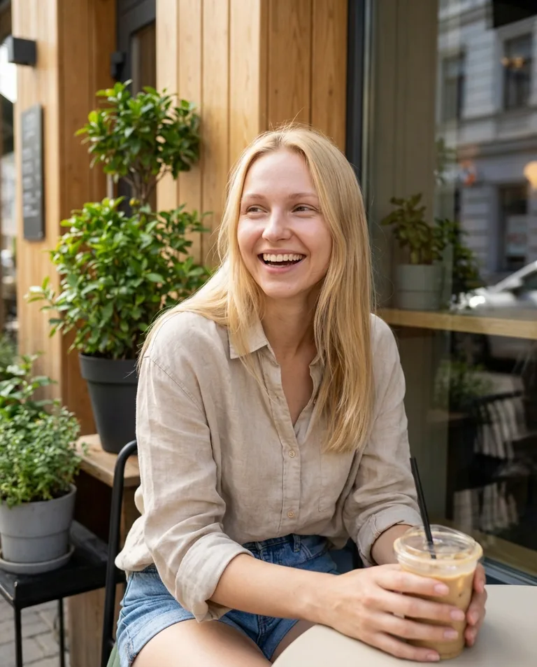 InstaShoot AI photo: smiling woman in a linen shirt with an iced coffee by a café window