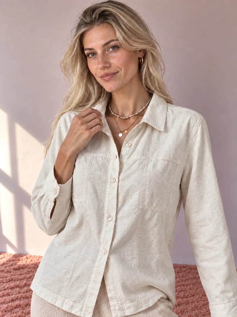GPT Image 2.5 test: woman in an off-white linen shirt against a pink wall